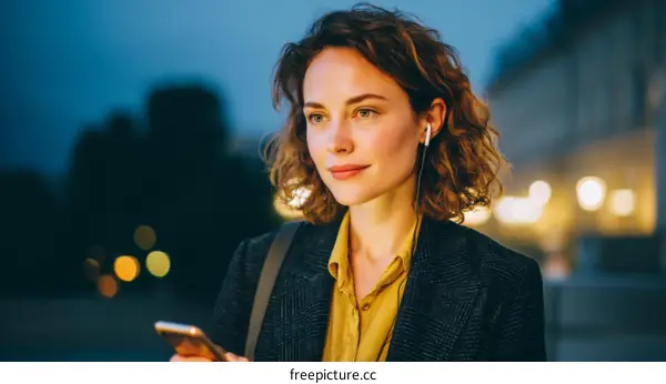 Woman Listening to Music in the City at Night