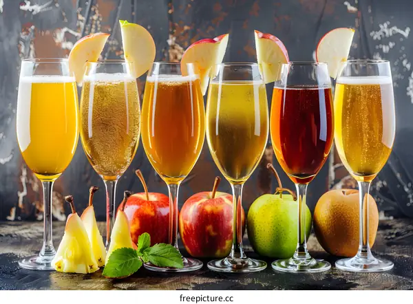 Assortment of Sparkling Apple Cider Drinks in Glasses