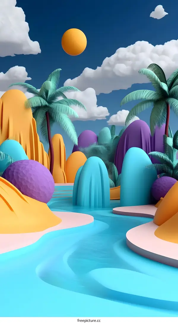 3D Rendered Abstract Tropical Paradise Scene With Blue Sky, Sun, and Palm Trees