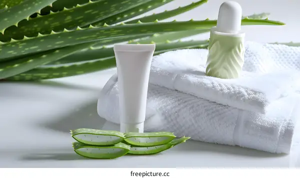 Aloe Vera Plant Leaves With White Cream Bottle And Green Lotion On White Towels