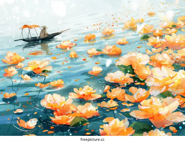 A boat floating on a lake full of lotuses