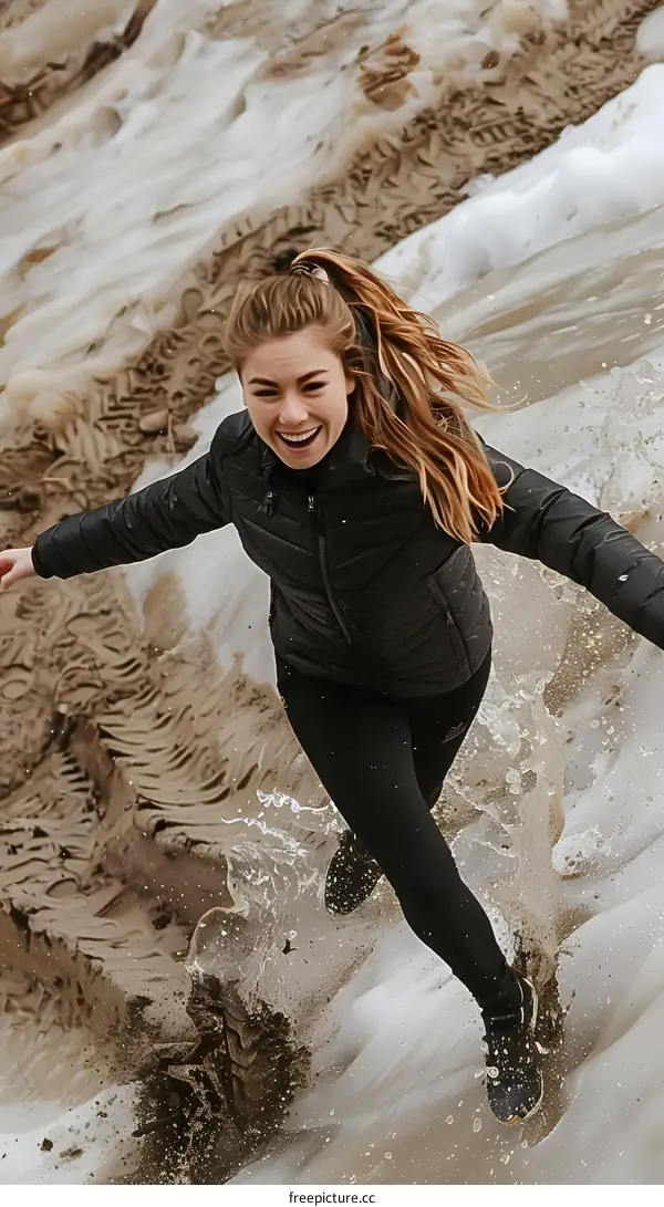 Happy Woman Jumping in Mud Puddle During Winter