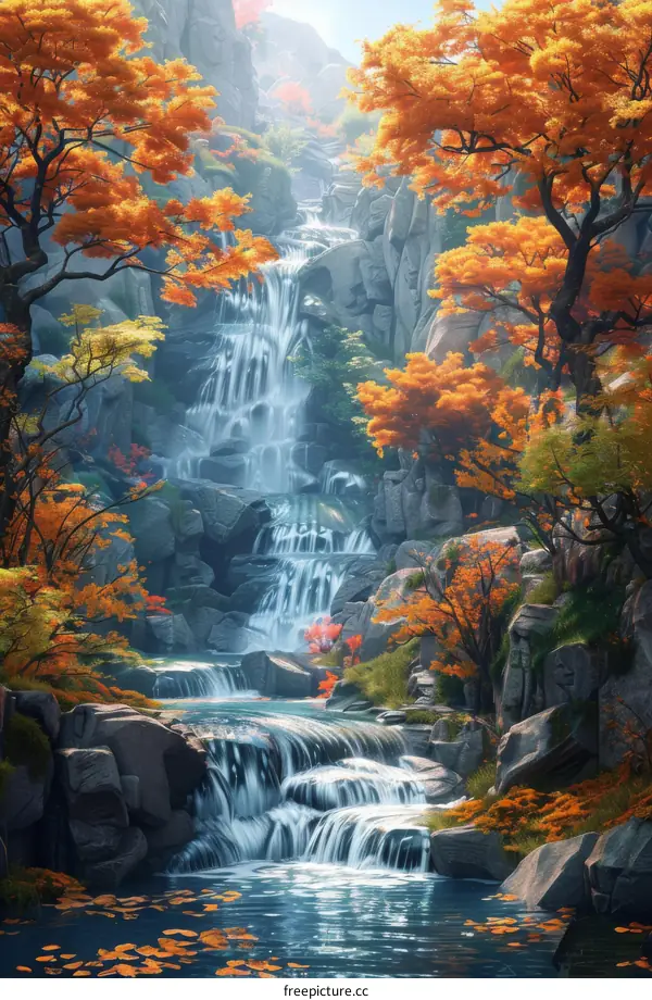 Autumn Waterfall Fantasy - Colorful Forest Landscape