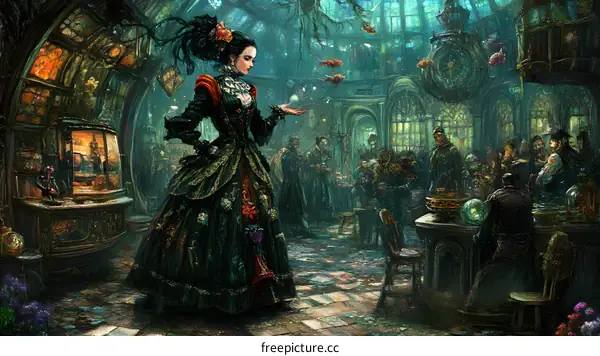 Fantasy Victorian Era Interior with Woman and Fish