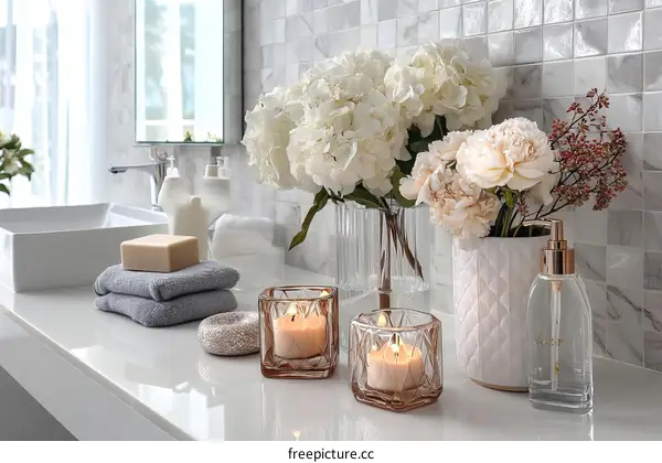 Modern Bathroom Vanity with Flowers and Candles