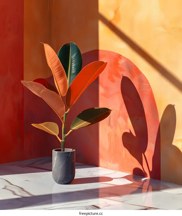 Indoor Plant in a Pot with Colorful Wall and Sunbeams