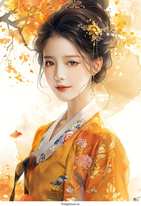 A beautiful painting of a young woman in a traditional Korean dress, with autumn leaves in the background.
