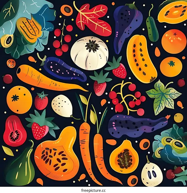 Colorful Illustration of Different Vegetables and Fruits