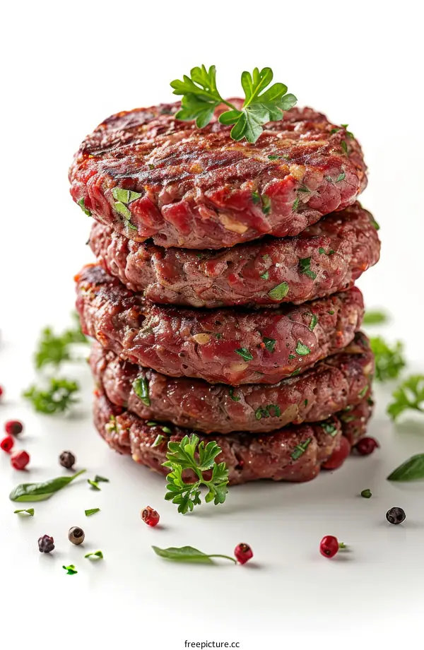 A stack of delicious beef patties seasoned with herbs and spices