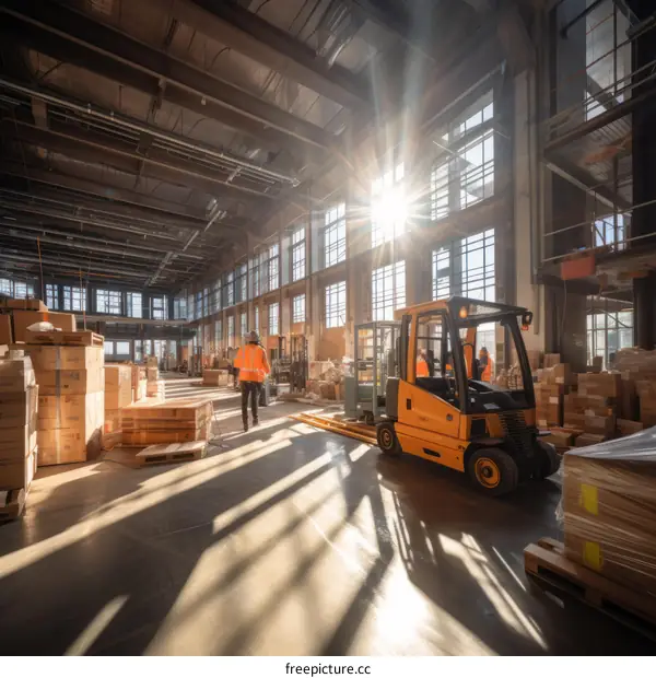 Busy Warehouse with Forklift and Workers