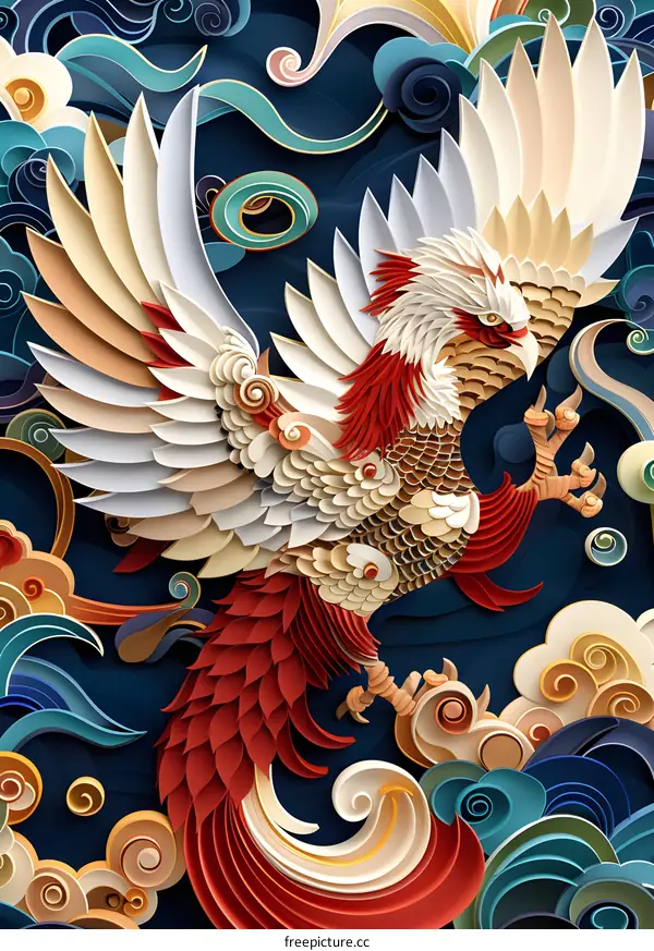 Paper Art Phoenix Illustration With Red And White Feathers