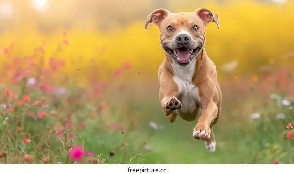 A happy brown and white pit bull terrier dog is running in a field of flowers