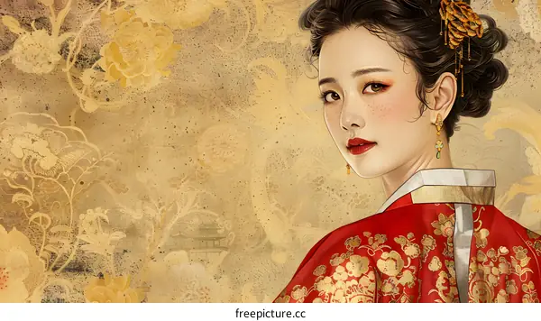 Traditional Asian Woman in Red Hanbok with Floral Background