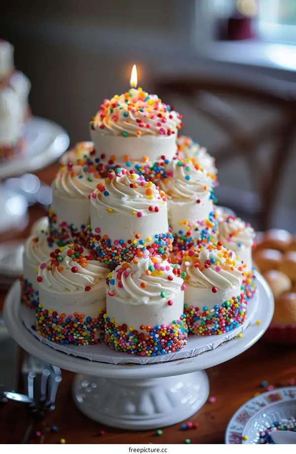 A Tower of Rainbow Sprinkled Cupcakes