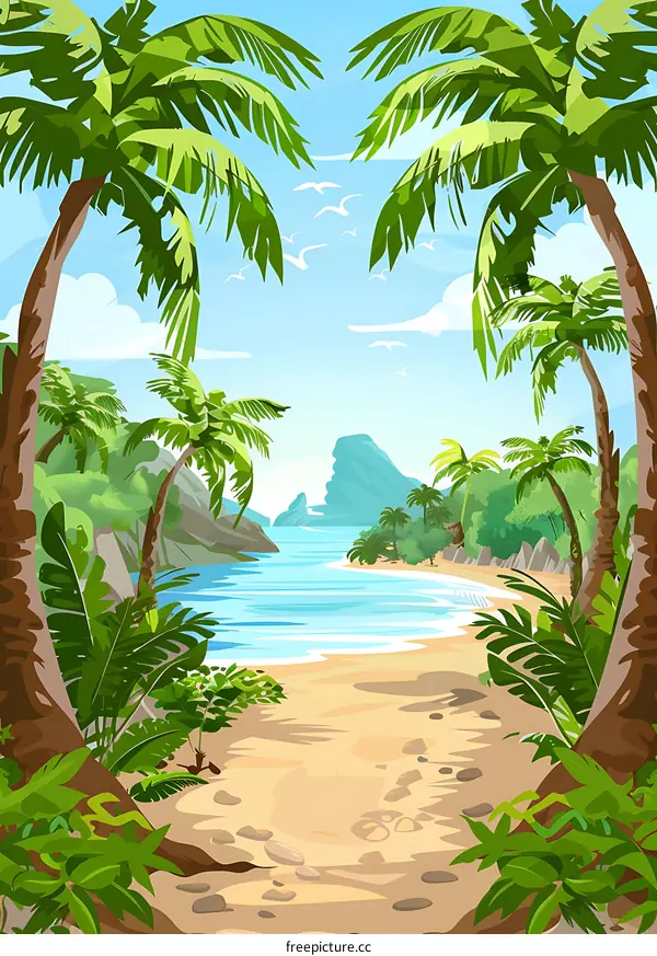 Tropical Beach Landscape with Palm Trees and Ocean