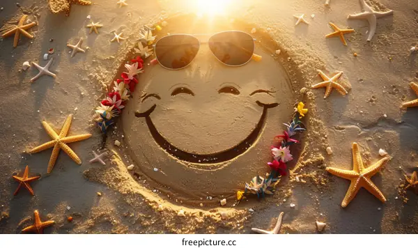 smiley face made of sand with sunglasses and a flower crown
