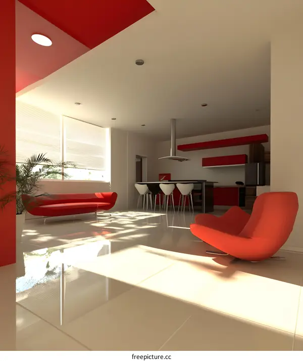 Modern Living Room Interior Design With Red Sofa And Armchair