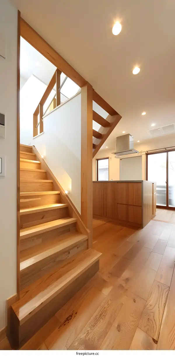 Modern Home Interior Design with Wooden Stairs and Kitchen