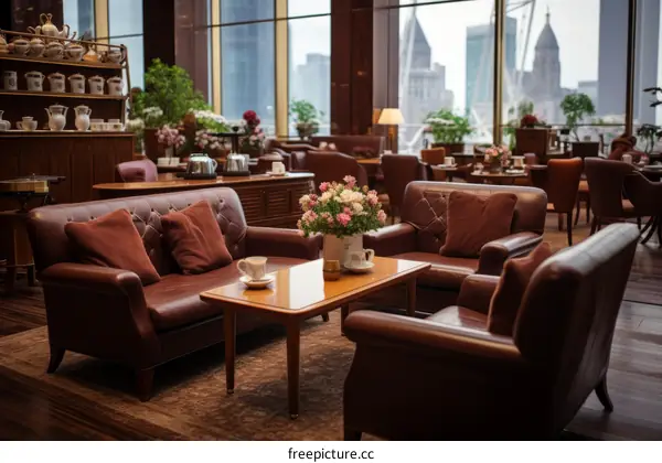 Luxurious Hotel Lobby with Leather Sofas and City Views