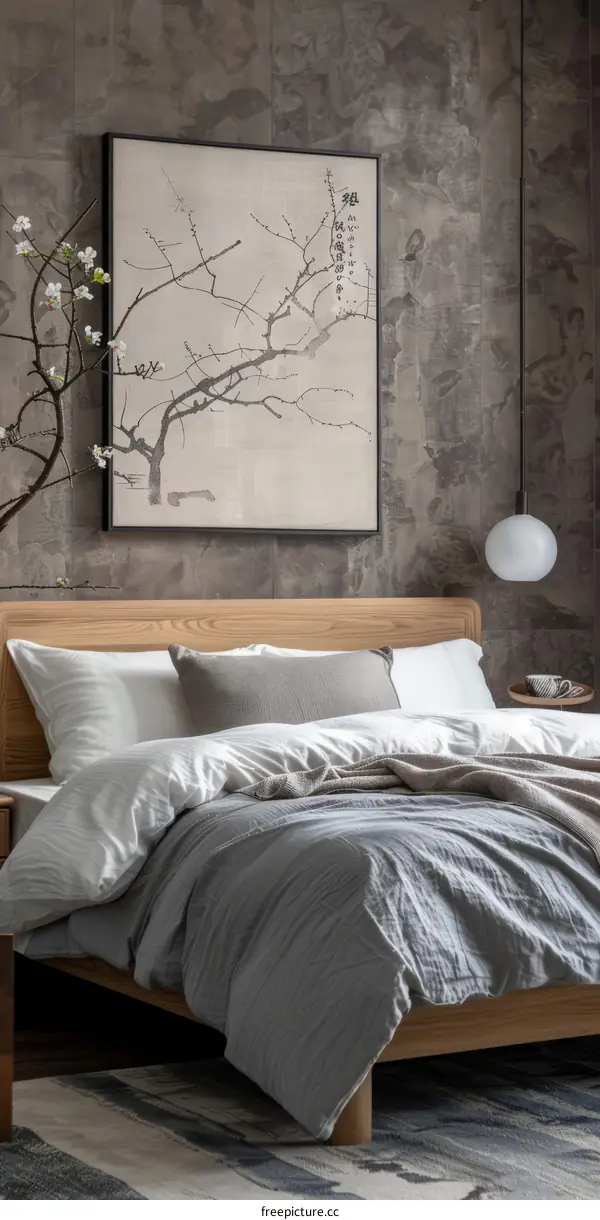 Zen Minimalist Bedroom with Tree Painting