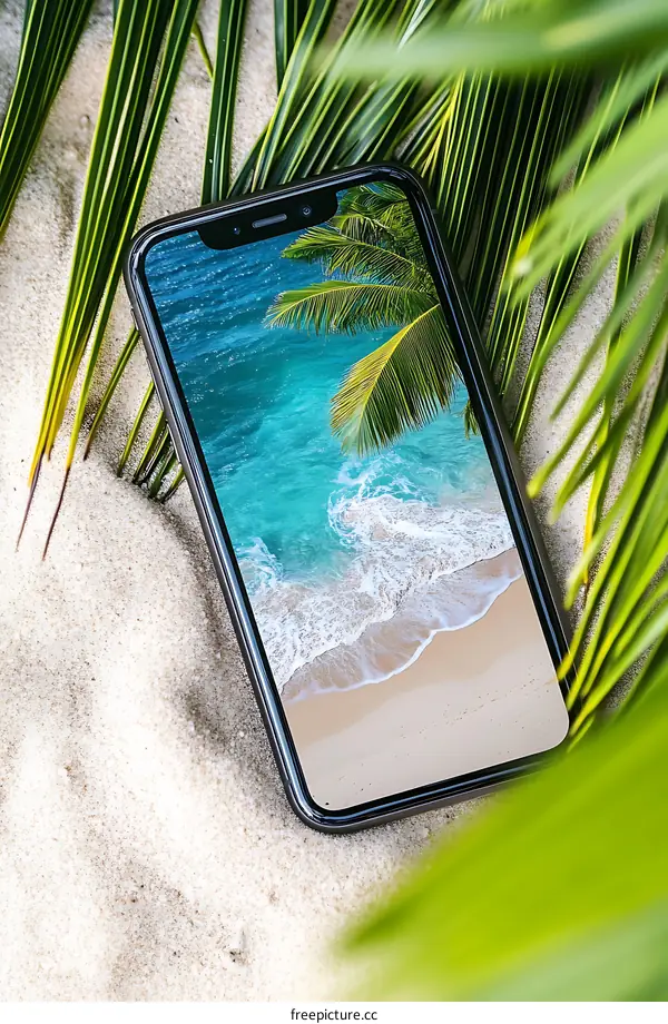 Smartphone on Sand with Palm Tree and Ocean View