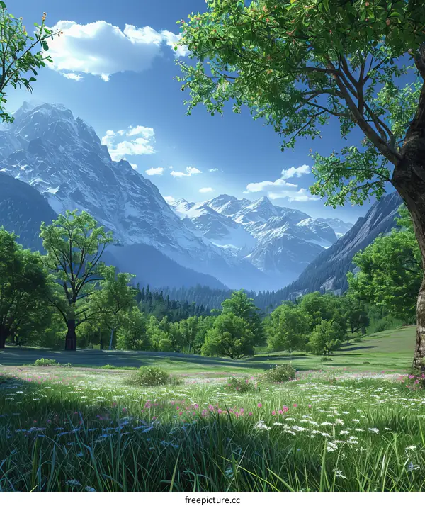 Serene Mountain Valley with Snow-Capped Peaks
