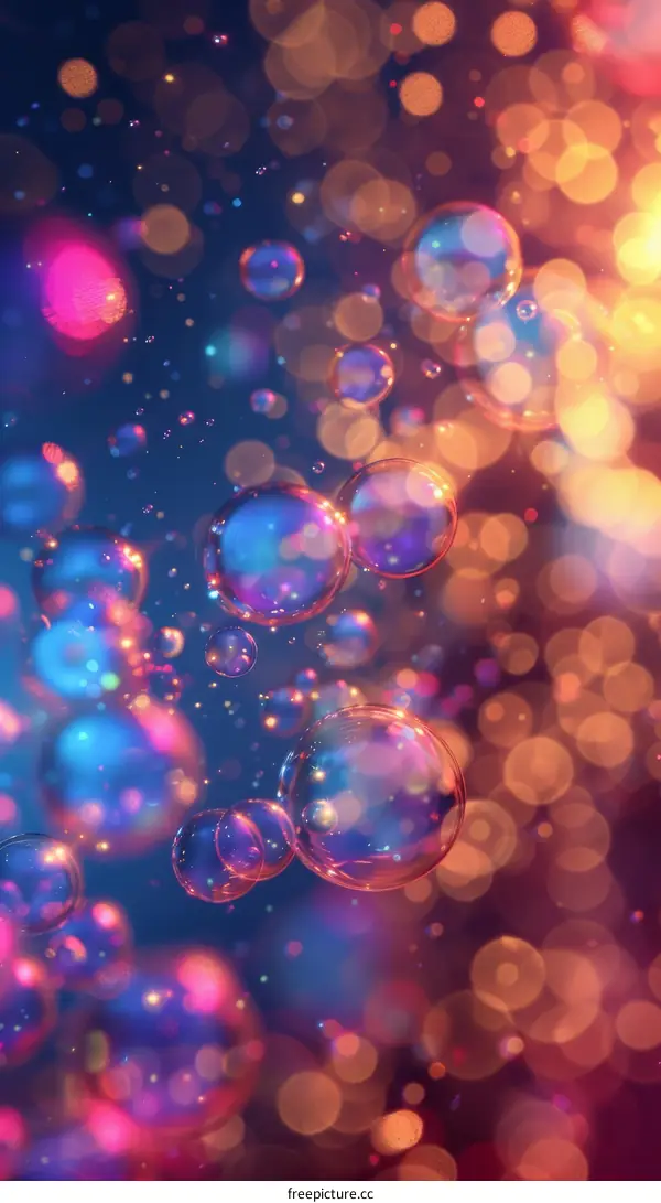 Colorful Bubbles Floating in Blue Liquid