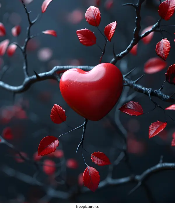 A red heart-shaped balloon hanging on a withered tree