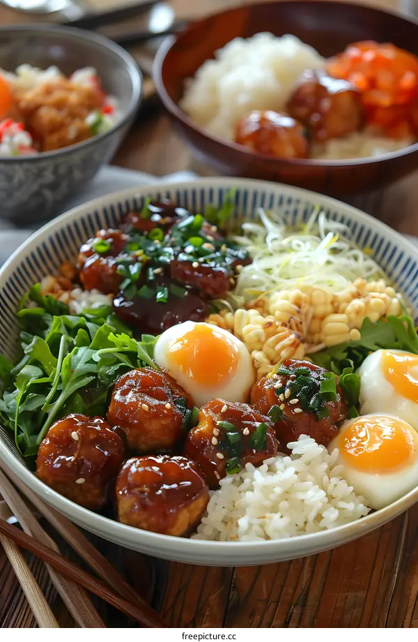Japanese food donburi rice bowl with chicken meatballs, soft boiled egg, vegetable and salad