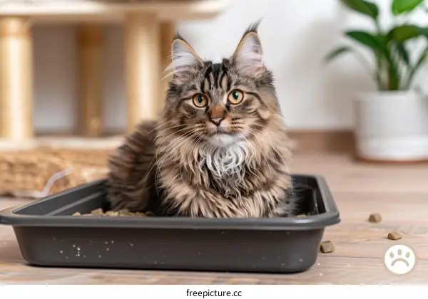 A cute tabby cat sitting in a litter box looking at the camera