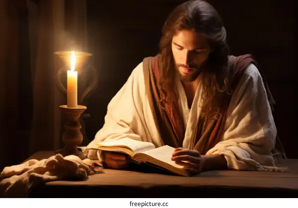 Jesus Christ reading the Bible by candlelight