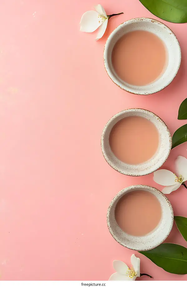 Pink Background with Three Small White Bowls and Flowers
