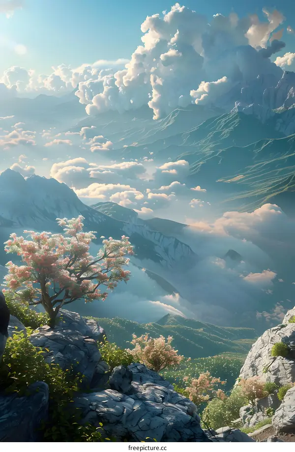Fantasy Mountain Peaks and Cherry Blossoms