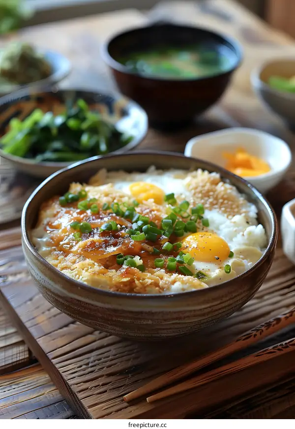 Japanese breakfast with eggs and rice