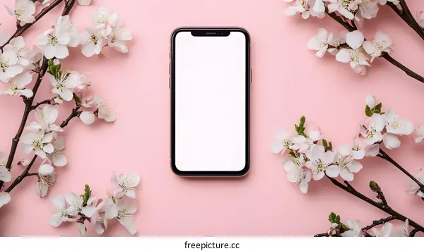 White Flowers Surrounding A Smartphone On Pink Background