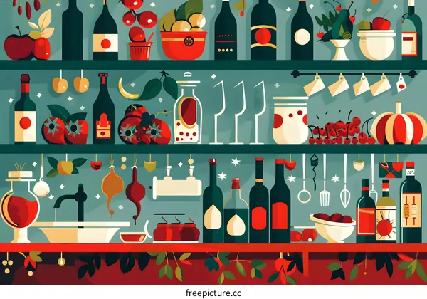 Vintage Kitchen Shelf with Wine and Food