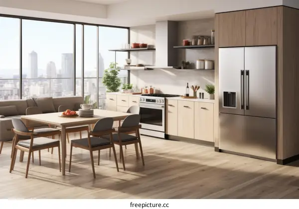 Modern Kitchen with Expansive Window and City Views