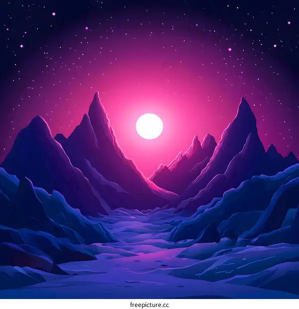 Purple Mountains and Full Moon in the Night Sky