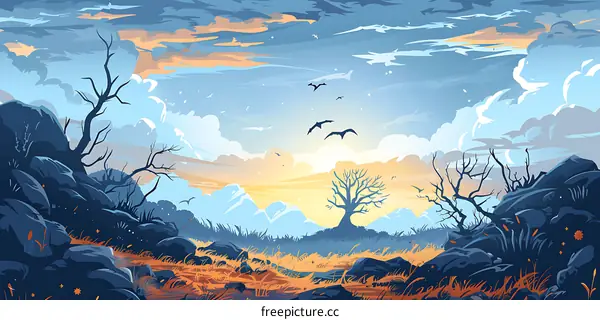 Digital Illustration of a Fantasy Landscape with Blue Sky and Mountains