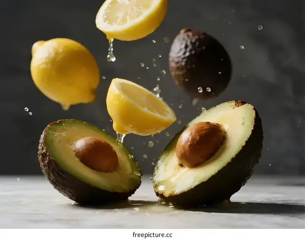 Avocado and Lemon Slices Falling with Water Splashes