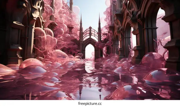 Pink Surreal Landscape with Gothic Architecture