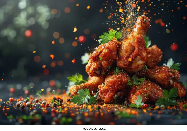 A pile of fried chicken wings with spices and herbs
