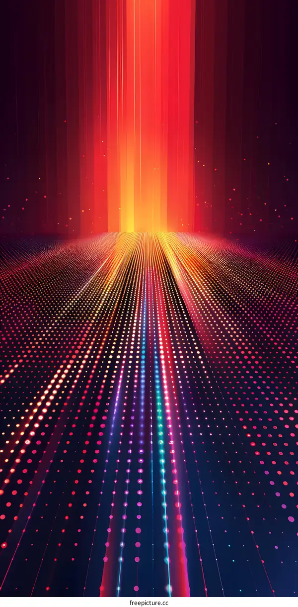 Colorful dots铺满地面，red rays of light descend from the sky, illuminating the way forward