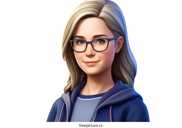 Illustration of a young woman with blonde hair and green eyes wearing glasses and a blue hoodie