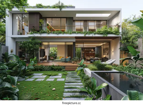 Modern luxury house with pool and garden