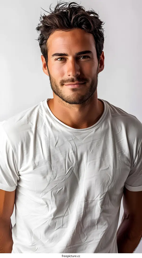Handsome young man with brown hair and green eyes wearing a white shirt