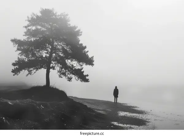 Lonely Man Stands Near Tree in Foggy Field