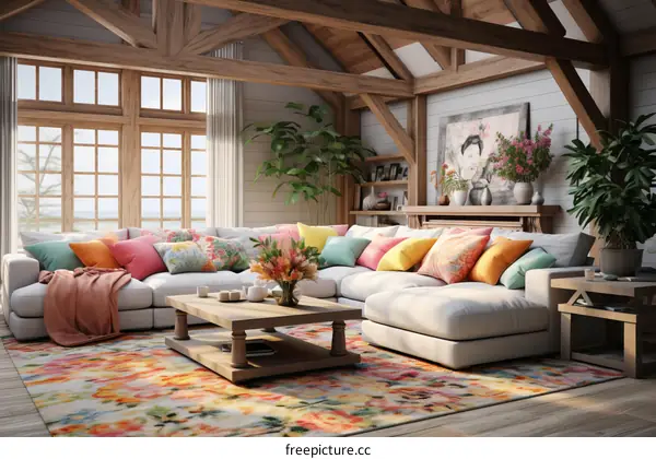 Modern coastal living room design with vaulted ceiling and large windows