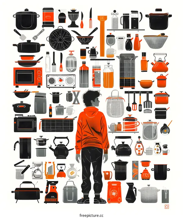 A Man Standing In Front Of A Wall Of Kitchen Utensils