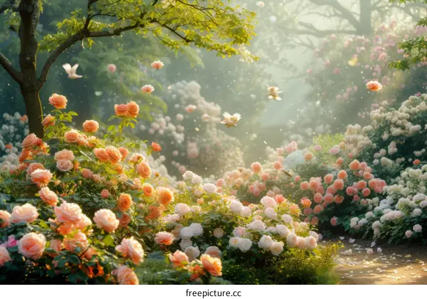 Birds and butterflies in a lush garden of pink and white roses